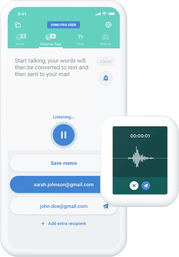 Vono app screen and smart watch screen